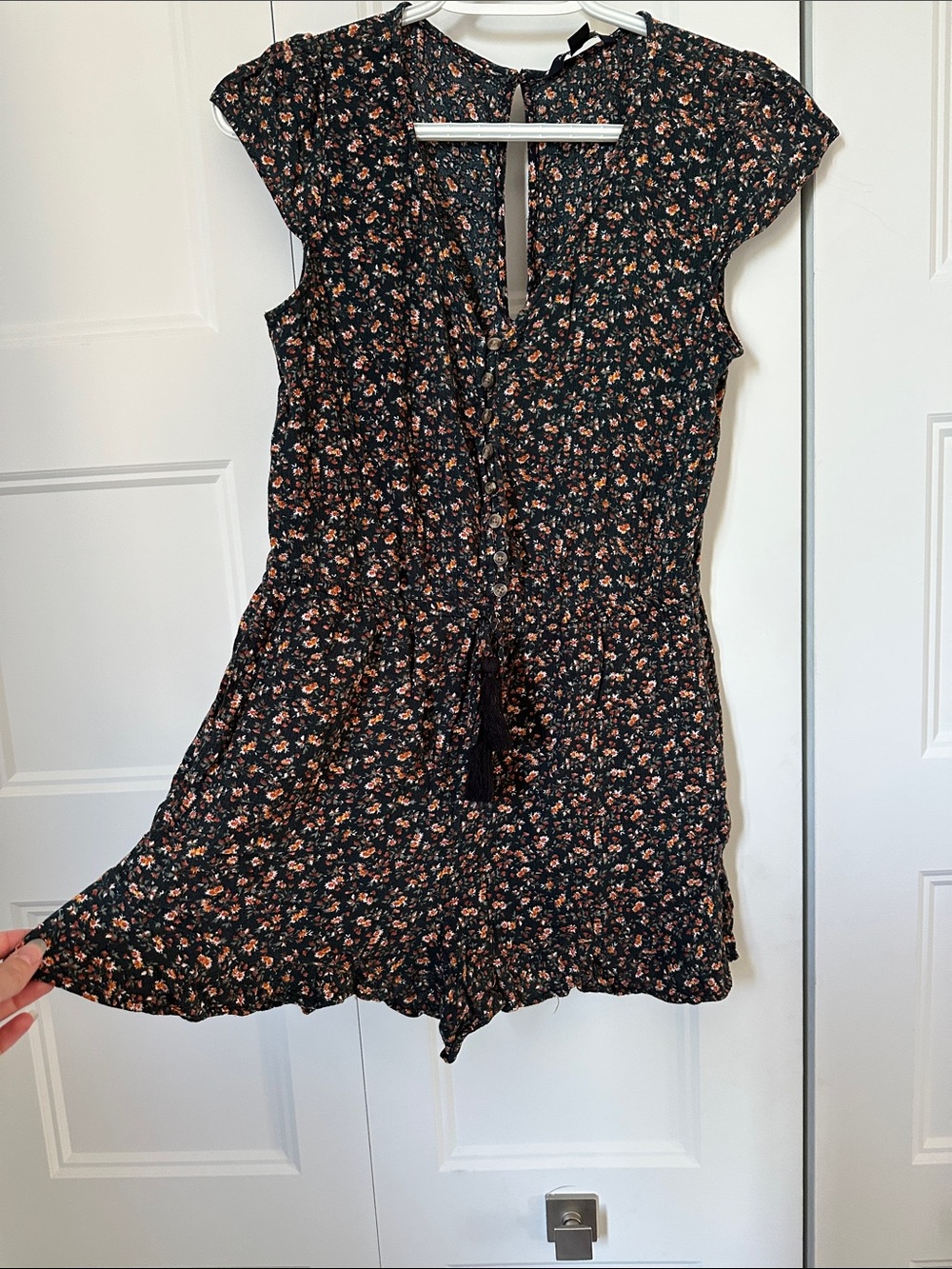 Floral Black Romper with Tassel Tie